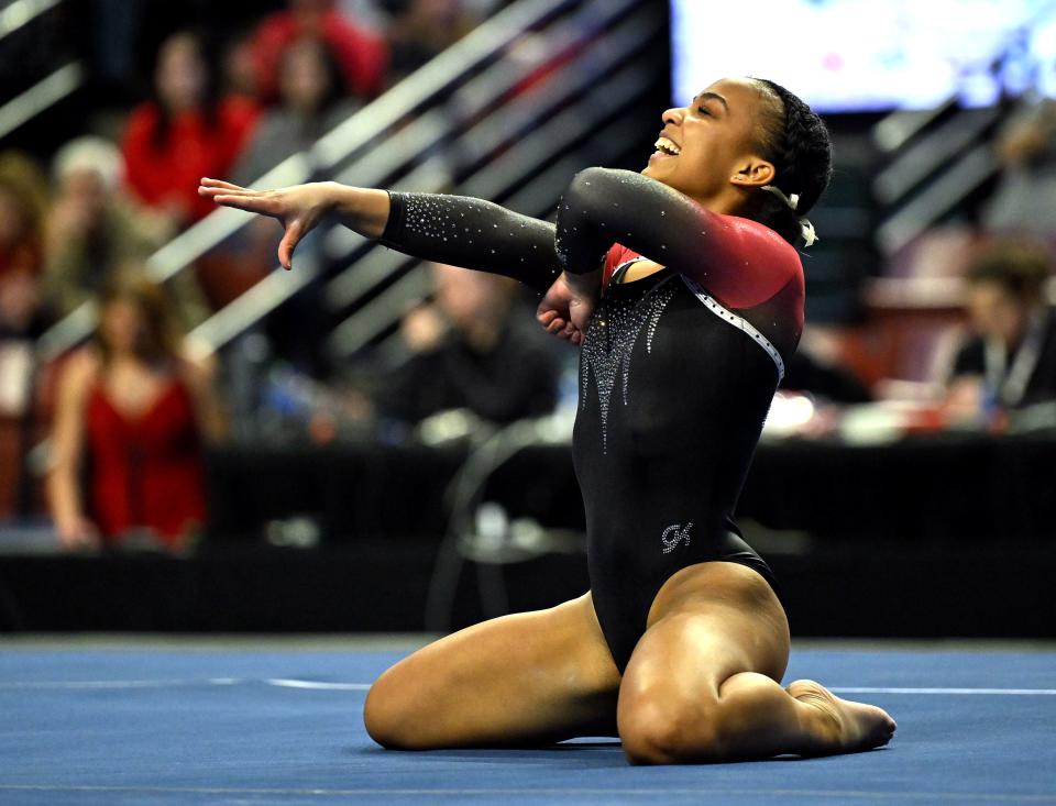 SUU’s Niya Randolph performs on the Floor as BYU, Utah, SUU and Utah State meet in the Rio Tinto Best of Utah Gymnastics competition at the Maverick Center in West Valley City on Monday, Jan. 15, 2024. | Scott G Winterton, Deseret News