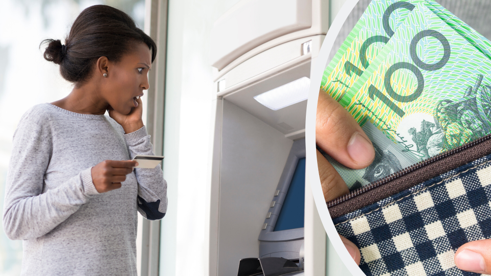 Pictured: Shocked woman at ATM machine, hand going into purse with Australian $100 notes. Images: Getty