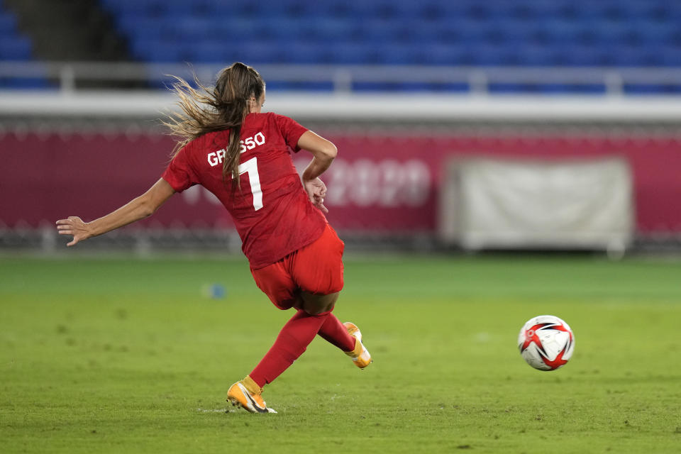 Canada's Julia Grosso scores the winning goal defeating Sweden in a penalty shootout during the women's final soccer match at the 2020 Summer Olympics, Friday, Aug. 6, 2021, in Yokohama, Japan. (AP Photo/Andre Penner)