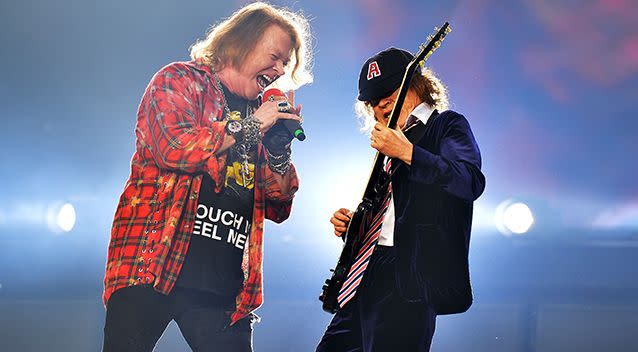 Axl Rose and Angus Young perform as AC/DC at the Olympic Stadium in London back in June last year. Source: AAP