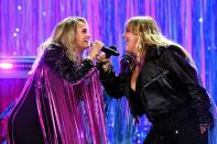 <p>Lambert, who’s up for five awards tonight — and is the most nominated female artist in the show’s history, with 68 nods total — and King, who is currently <a href="https://people.com/parents/elle-king-pregnant-expecting-baby-after-two-pregnancy-losses/" rel="nofollow noopener" target="_blank" data-ylk="slk:expecting her first child;elm:context_link;itc:0;sec:content-canvas" class="link ">expecting her first child</a>, kicked off the show with a matching moment, decked out in fringed leather jackets and black sequin jumpsuits for their rendition of "Drunk (And I Don't Wanna Go Home).”</p>