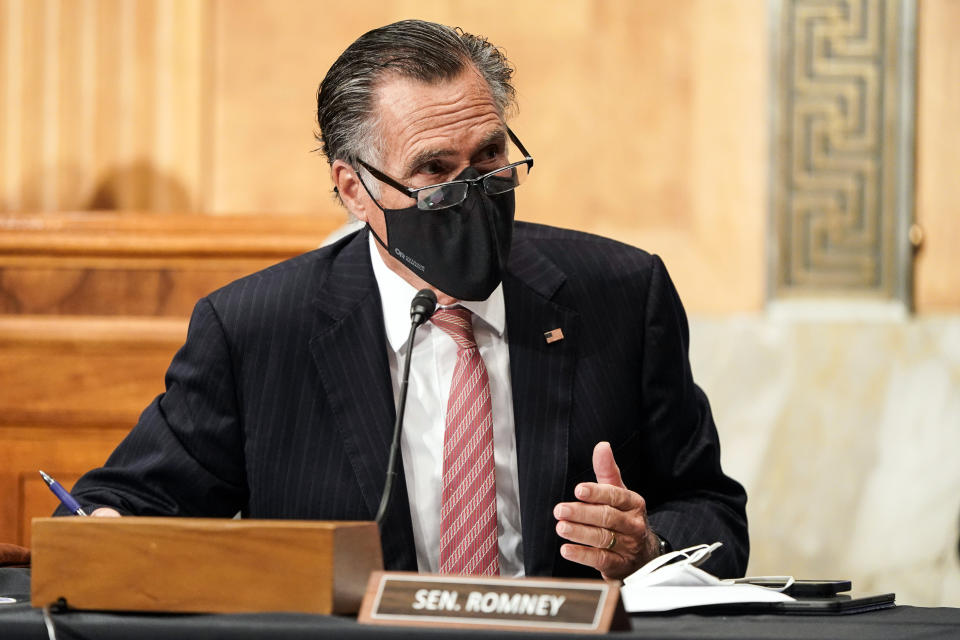 Sen. Mitt Romney, R-Utah, questions Homeland Security Secretary nominee Alejandro Mayorkas during his confirmation hearing in the Senate Homeland Security and Governmental Affairs Committee on Tuesday, Jan. 19, 2021, on Capitol Hill in Washington. (Joshua Roberts/Pool via AP)