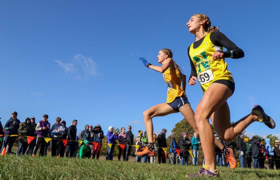Morgan Wittrock of South Bend Riley (83) finishes just ahead of Gretchen Ludwig of Northridge (69) at the finish of Saturday's Cross Country Regional at Ox Bow Park in Goshen.