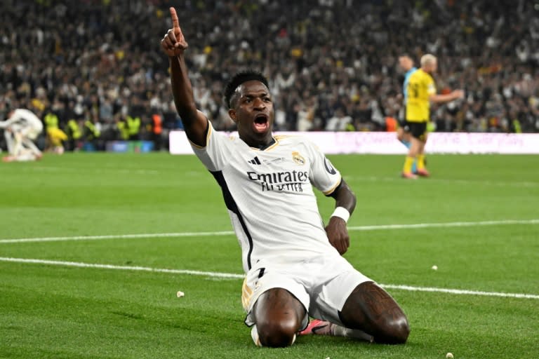 L'attaquant du Real Madrid Vinicius Jr marque le deuxième but contre Dortmund en finale de la C1, le 1er juin 2024 au stade de Wembley à Londres (INA FASSBENDER)