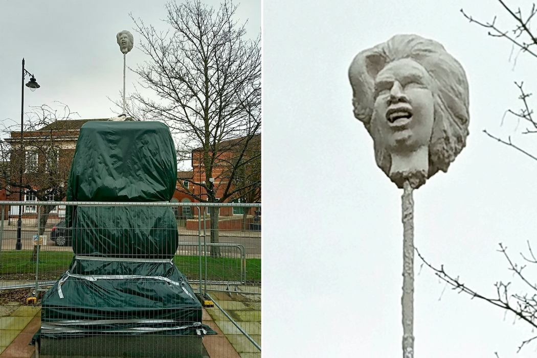 The statue of Margaret Thatcher's severed head on a spike is at the site where a bronze figure will stand in the former PM's home town. (SWNS)