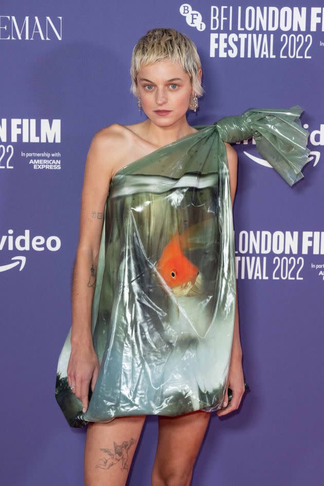 Emma Corrin wore a minidress designed to look like a goldfish in a plastic bag to the BFI London Film Festival on Saturday. (Photo: Jeff Spicer via Getty Images)