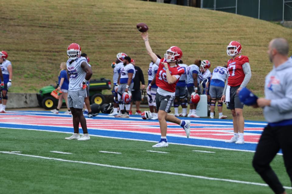 Former Calvary quarterback Landry Lyddy launches a pass during the 2022 Bulldog spring game.