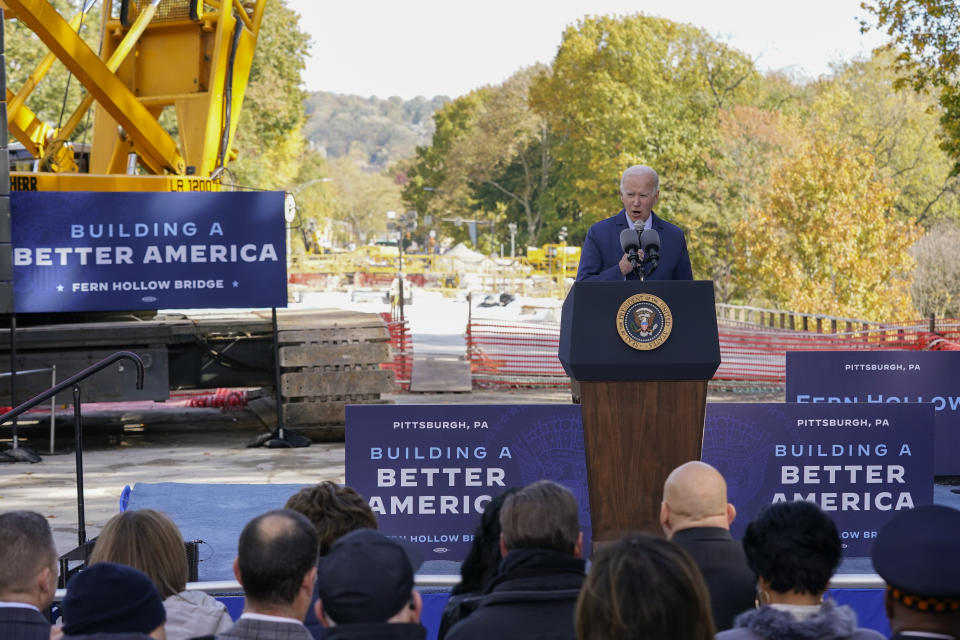 President Joe Biden speaks about his infrastructure agenda at Fern Hollow Bridge in Pittsburgh, Thursday, Oct. 20, 2022. (AP Photo/Patrick Semansky)