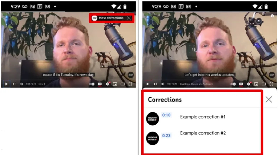 Screenshots showing how YouTube's corrections feature is implemented on an Android device. Users may see a