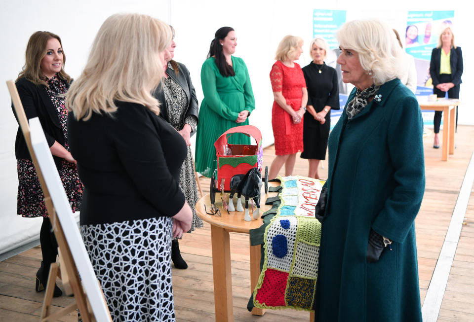 BELFAST, NORTHERN IRELAND - SEPTEMBER 30: Camilla, Duchess of Cornwall visits  Belfast and Lisburn Women’s Aid on September 30, 2020 in Belfast, United Kingdom. (Photo by Tim Rooke/Pool/Samir Hussein/WireImage)