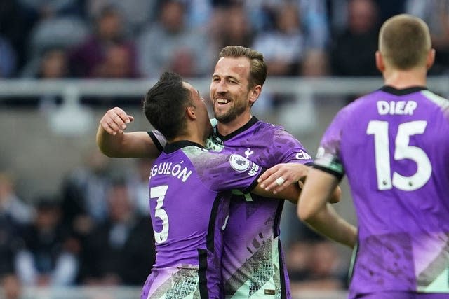 Harry Kane (centre) celebrates his goal against Newcastle