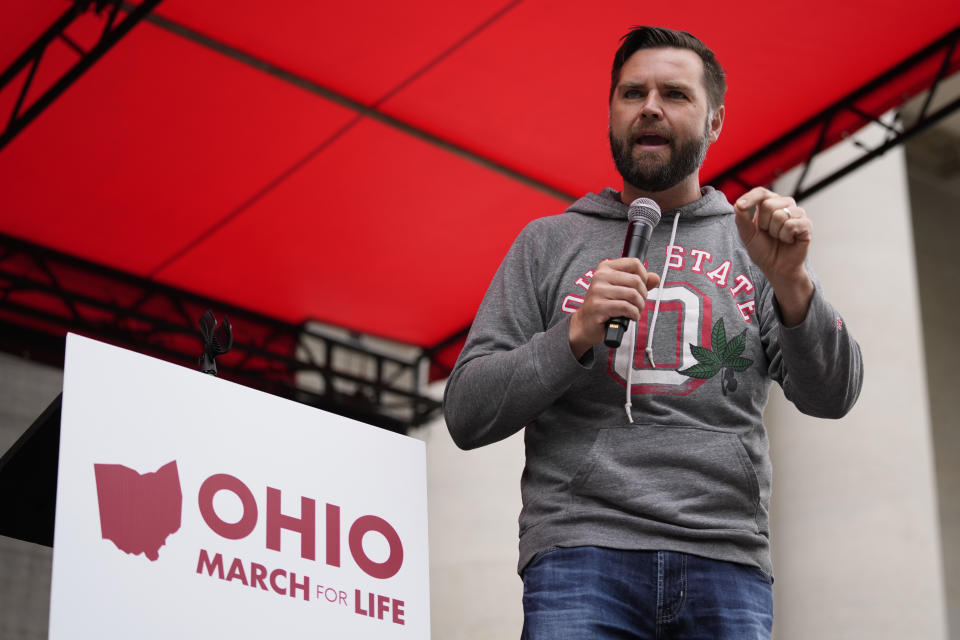 Sen. JD Vance, R-Ohio, speaks during the Ohio March for Life rally at the Ohio State House in Columbus, Ohio, Friday, Oct. 6, 2023. (AP Photo/Carolyn Kaster)