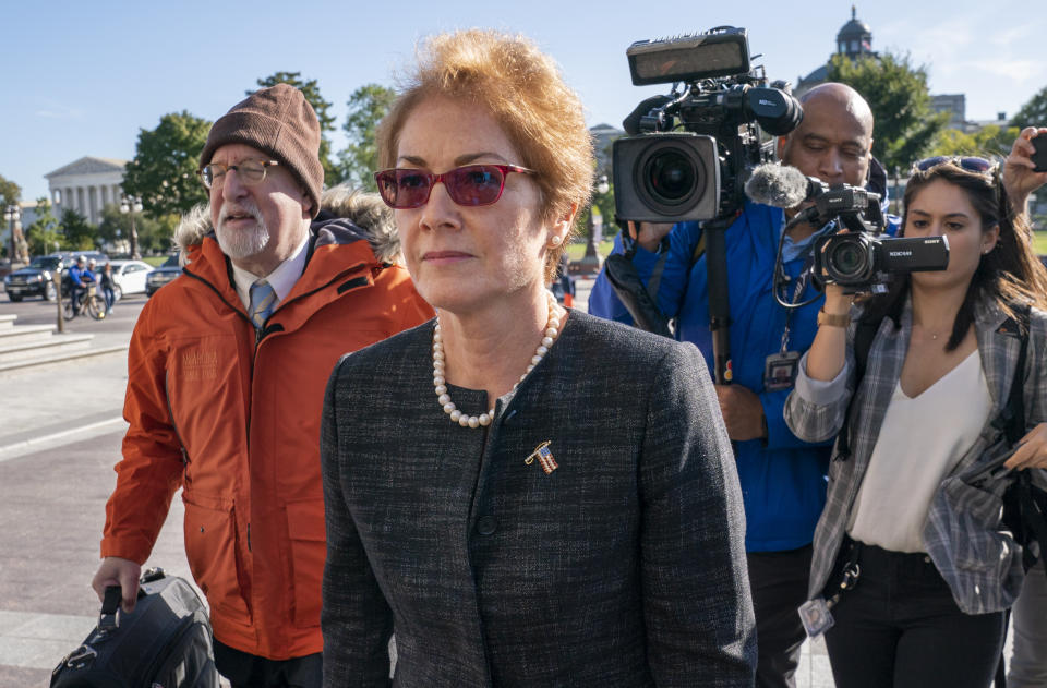 Former U.S. ambassador to Ukraine Marie Yovanovitch, arrives on Capitol Hill, Friday, Oct. 11, 2019, in Washington, as she is scheduled to testify before congressional lawmakers on Friday as part of the House impeachment inquiry into President Donald Trump. (AP Photo/J. Scott Applewhite)