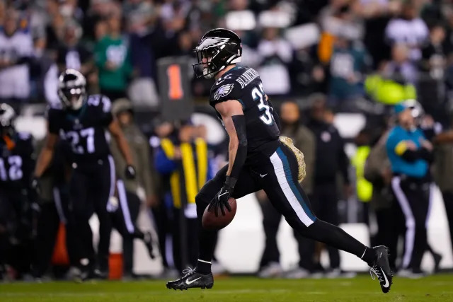 Philadelphia Eagles' Reed Blankenship celebrates an interception during the first half of an NFL football game against the Green Bay Packers, Sunday, Nov. 27, 2022, in Philadelphia.