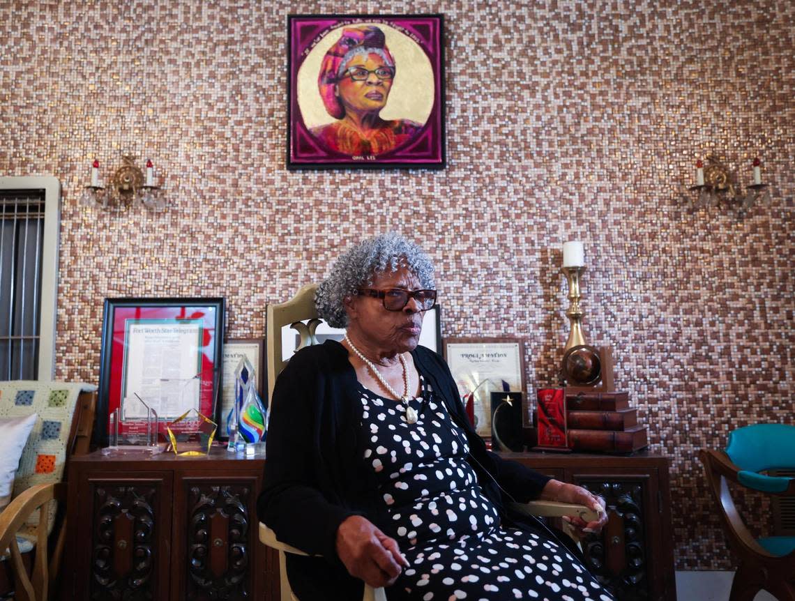 Opal Lee sits near a display of awards she has received while chatting with the Star-Telegram on Aug. 10, 2022, in Fort Worth.