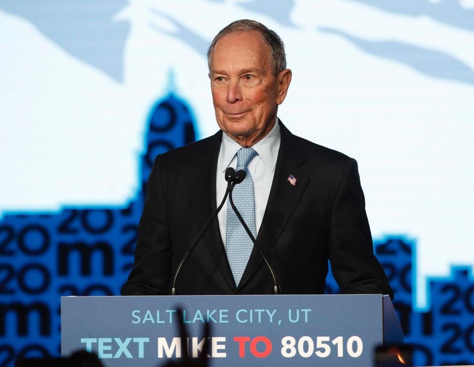 Democratic presidential candidate Mike Bloomberg talks to supporters at a rally on February 20, 2020 in Salt Lake City, Utah.