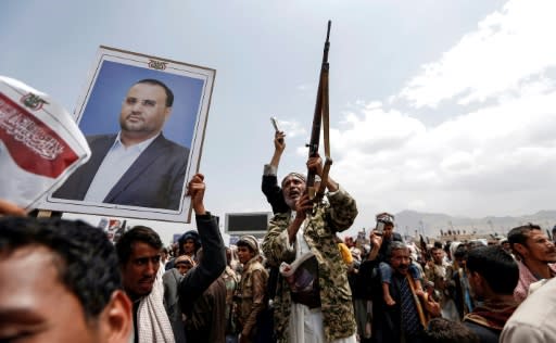 Yemeni rebel supporters attend the funeral of slain Huthi political chief Saleh al-Sammad in Sanaa on April 28, 2018