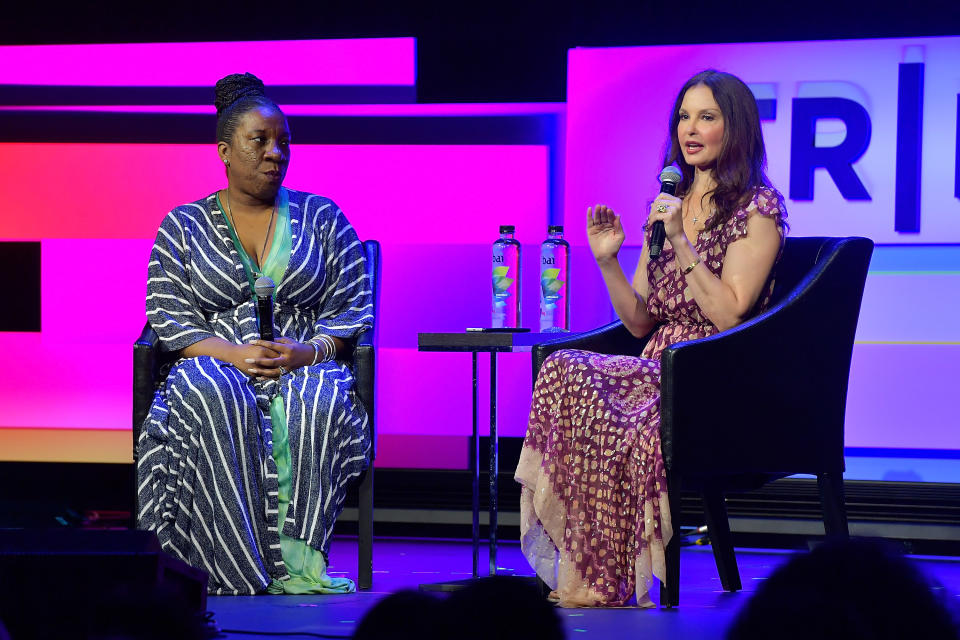 NEW YORK, NY - APRIL 28: Tarana Burke (L) and Ashley Judd speak onstage at 