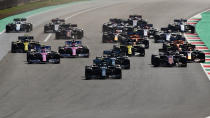 SCARPERIA, ITALY - SEPTEMBER 13: Valtteri Bottas of Finland driving the (77) Mercedes AMG Petronas F1 Team Mercedes W11 leads the field into turn one at the start during the F1 Grand Prix of Tuscany at Mugello Circuit on September 13, 2020 in Scarperia, Italy. (Photo by Mark Thompson/Getty Images)