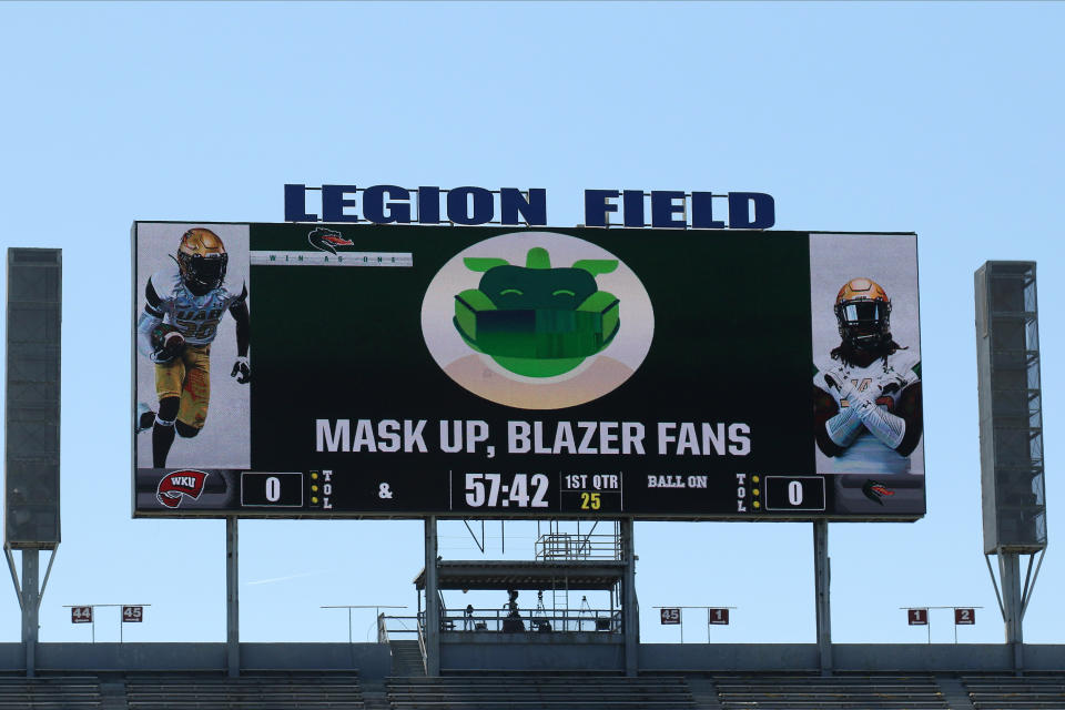 BIRMINGHAM, AL - OCTOBER 17: UAB encourages fans to wear masks during the game between UAB Blazers and Western Kentucky Hilltoppers on October 17, 2020 at Legion Field in Birmingham, Alabama.  (Photo by Michael Wade/Icon Sportswire via Getty Images)