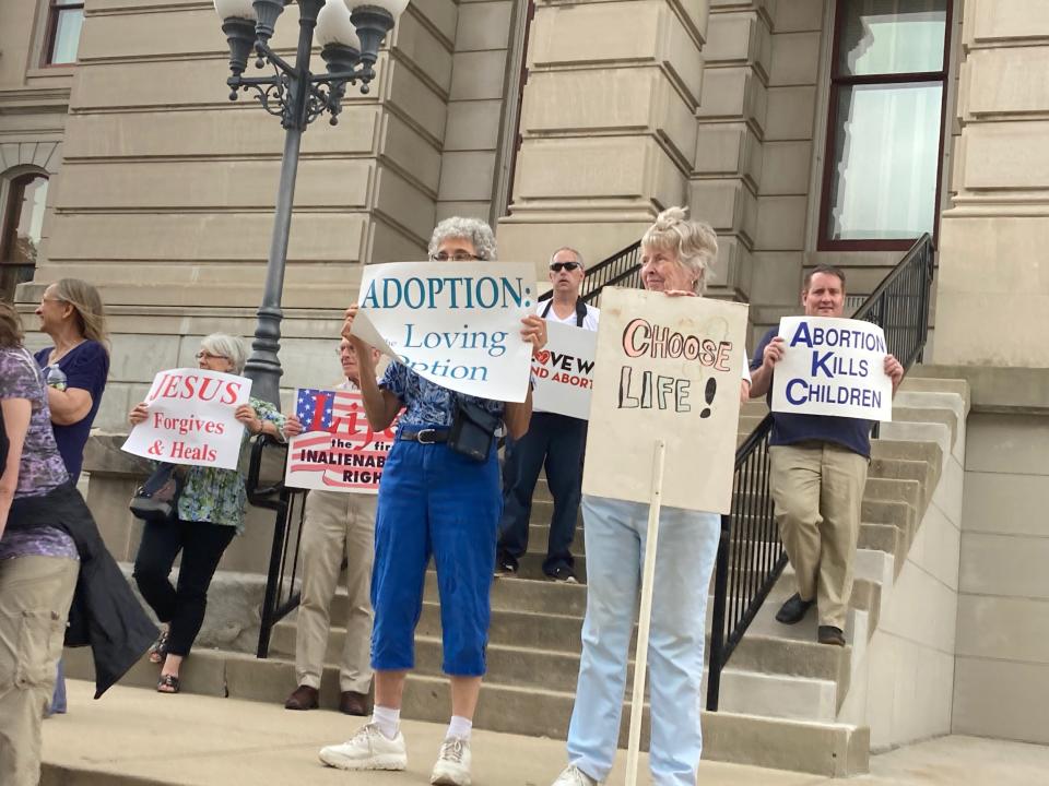 Around 40 people gathered at the Tippecanoe County Courthouse in Lafayette, Ind., June 26, 2022, to celebrate the U.S. Supreme Court overturning Roe v. Wade, the landmark decision that gave a woman the right to an abortion 50 years ago.