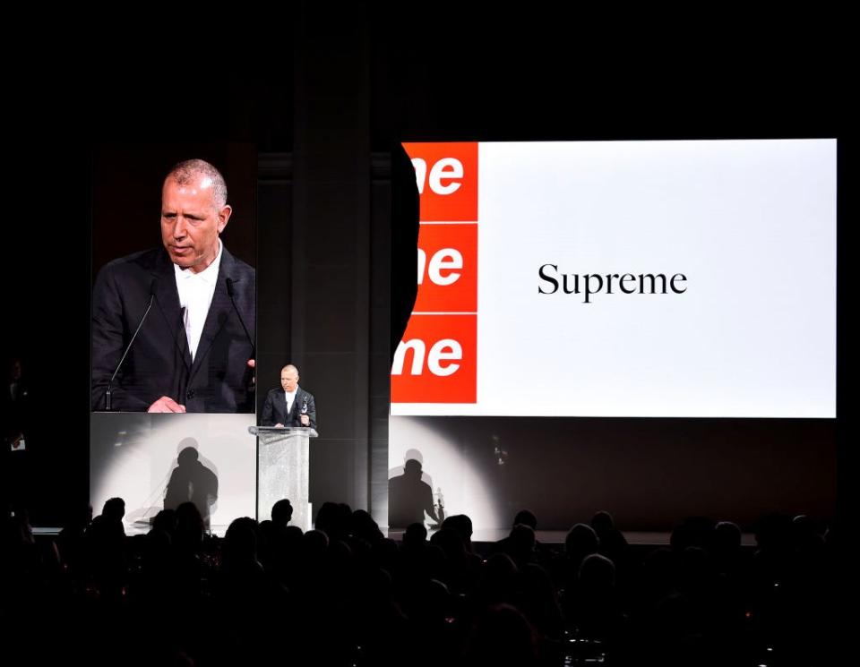 Supreme founder James Jebbia accepts the menswear prize at the 2018 CFDA Awards.