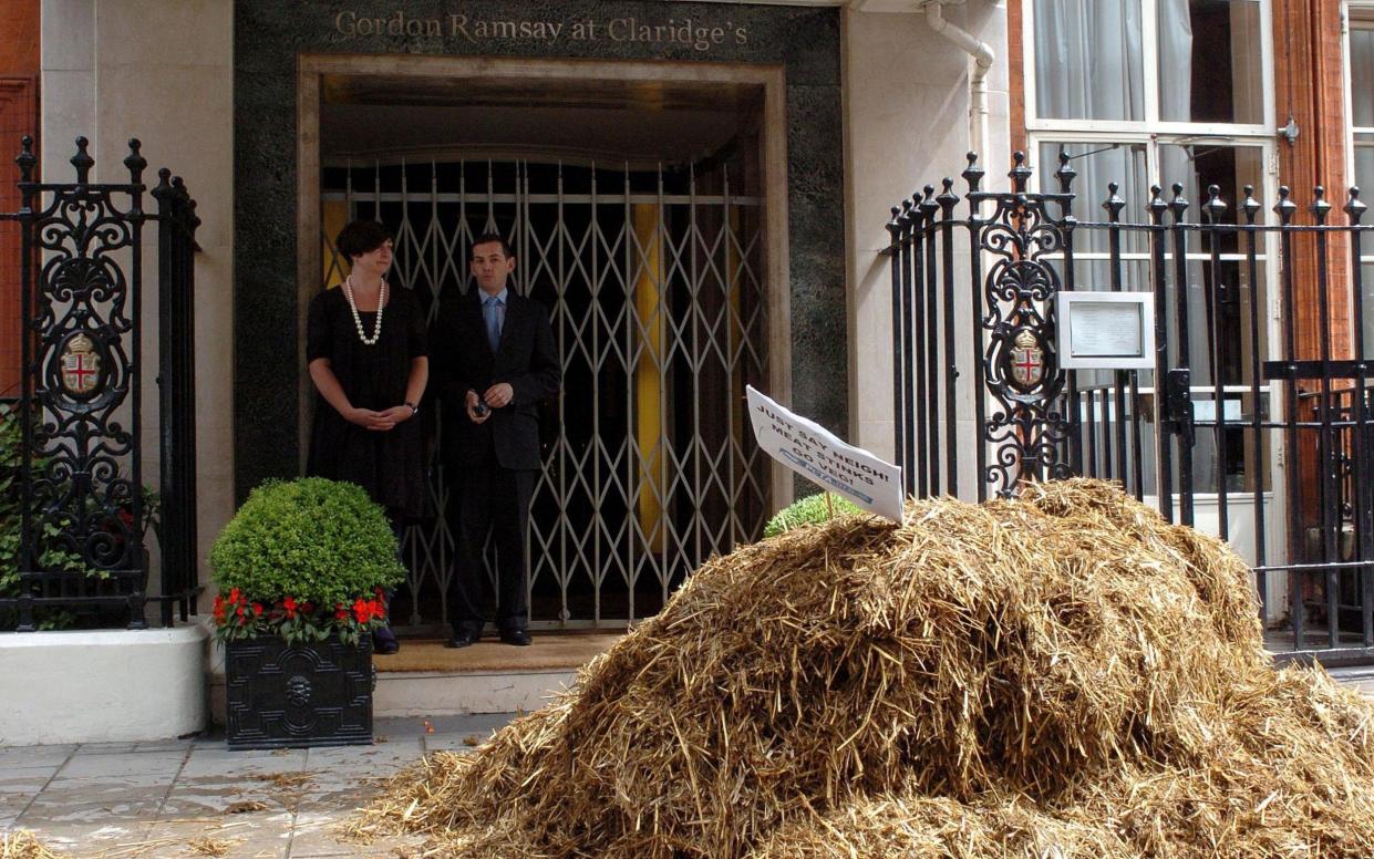 Peta dumped horse manure outside Gordon Ramsay's restaurant in protest of horse meat being sold on the menus