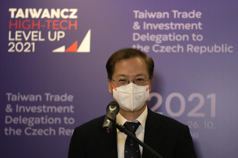 The minister of national development Kung Ming-hsin addresses media during a press conference in Prague, Czech Republic, Monday, Oct. 25, 2021. Taiwan's government ministers have visited the Czech capital accompanied by dozens of business and research representatives to boost trade and investment, a move that angers China. (AP Photo/Petr David Josek)