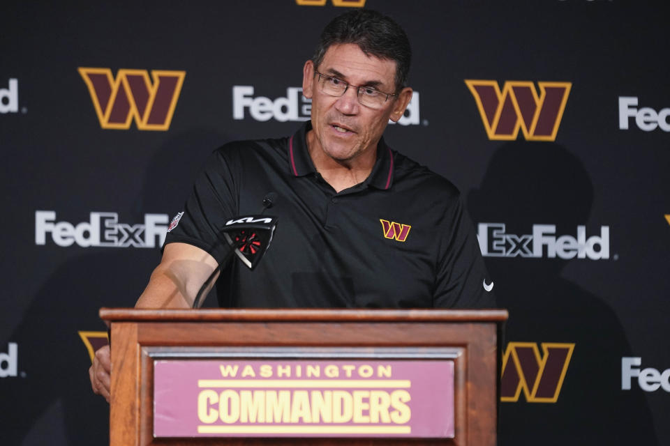 Washington Commanders head coach Ron Rivera addressing members of the media after an NFL football game against Chicago Bears, Thursday, Oct. 5, 2023, in Landover, Md. Chicago won 40-20. (AP Photo/Andrew Harnik)