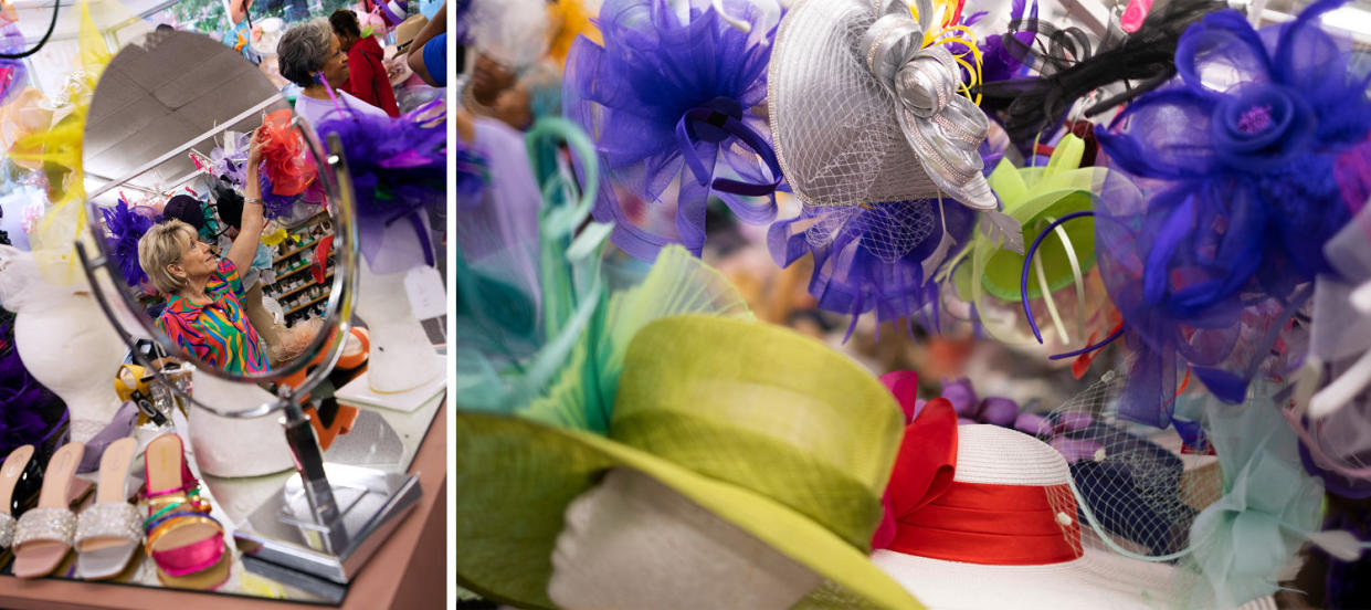 Carol Hampton, reflected in a mirror, inspects one of her many hats for sale in the store. (Lili Kobielski for NBC News)