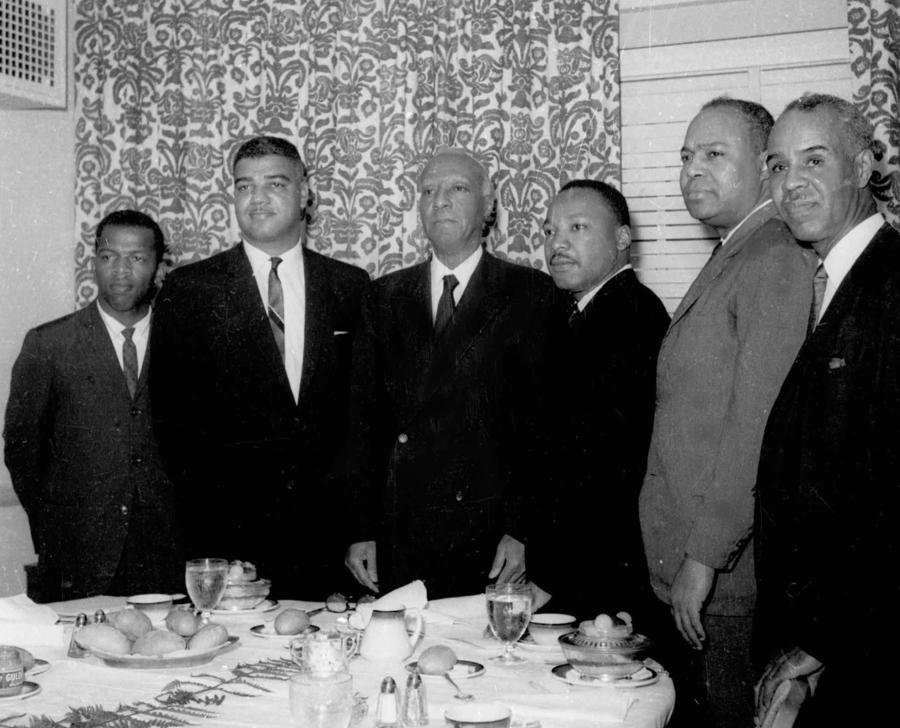 The so-called “Big Six” leaders plan the March on Washington in July 1963 (from left): SNCC’s John Lewis, the National Urban League’s Whitney Young Jr., labor leader A. Philip Randolph, the Rev. Martin Luther King Jr., CORE’s James Farmer Jr., and the NAACP’s Roy Wilkins.  