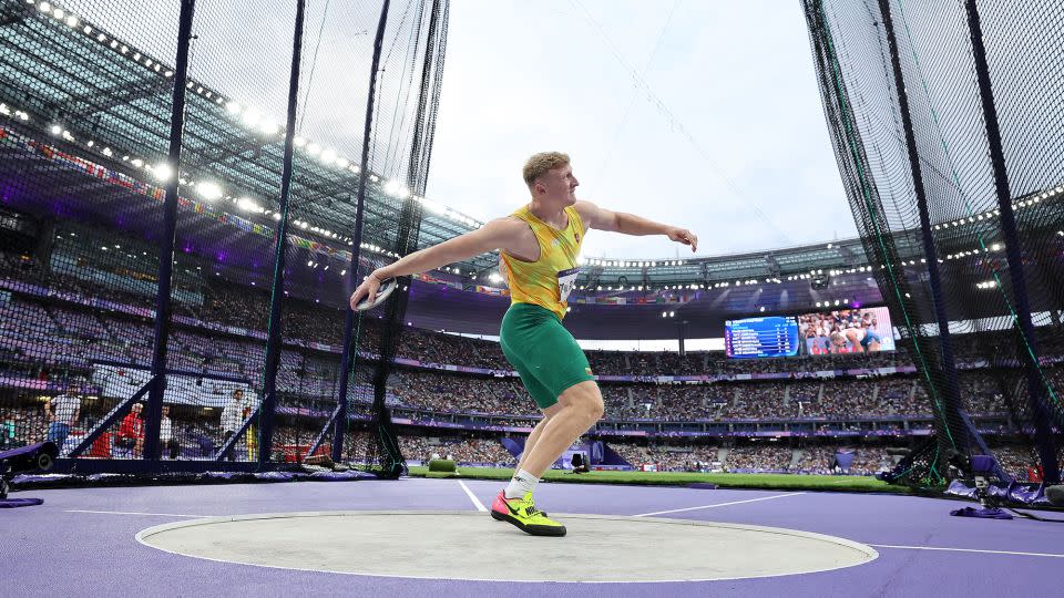 Mykolas Alekna competing in the men's discus final at the Stade de France on August 7. - Christian Petersen/Getty Images