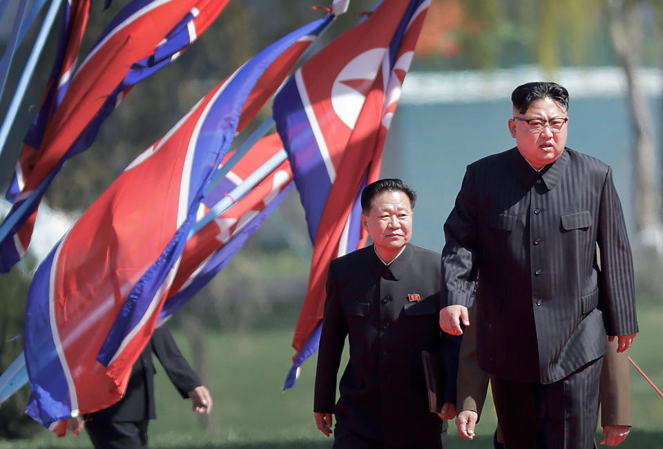 FILE - In this April 13, 2017,choech file photo, North Korean leader Kim Jong Un, right, and Choe Ryong Hae, vice-chairman of the central committee of the Workers' Party, arrive for the official opening of the Ryomyong residential area, in Pyongyang, North Korea. With North Korea saying nothing so far about outside media reports that leader Kim Jong Un may be unwell, there’s renewed worry about who’s next in line to run a nuclear-armed country that’s been ruled by the same family for seven decades. (AP Photo/Wong Maye-E, File)