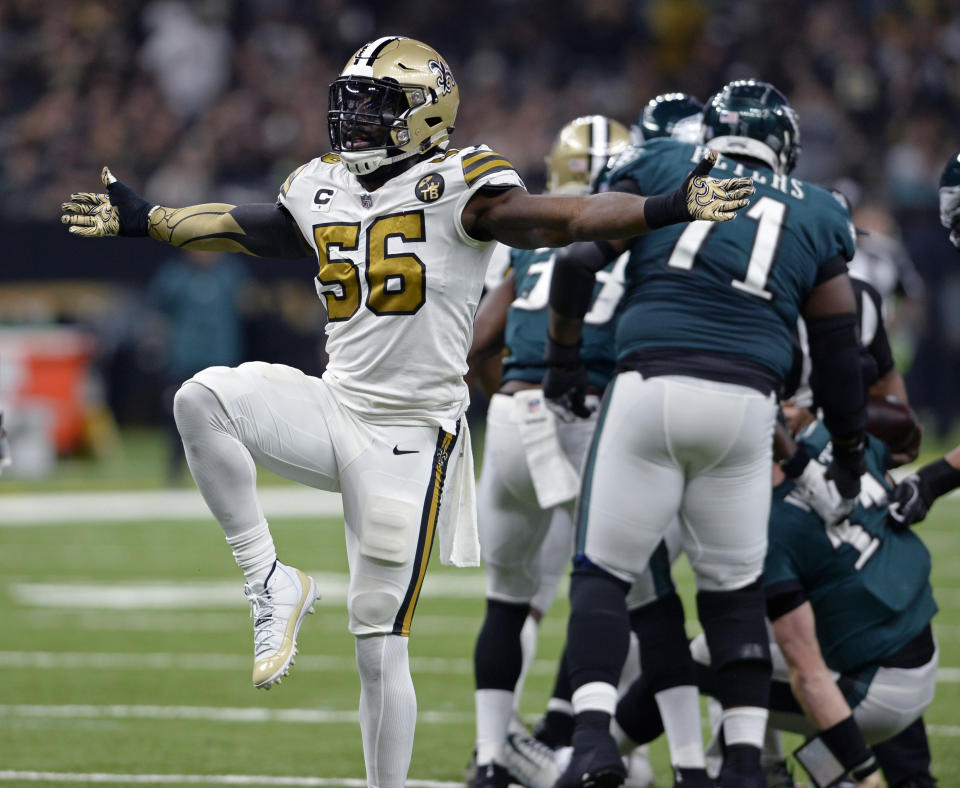 New Orleans Saints outside linebacker Demario Davis (56) celebrates a defensive stop against the Eagles. (AP)