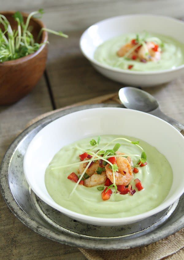 Chilled Avocado Sweet Corn Soup with Lime Shrimp Salsa