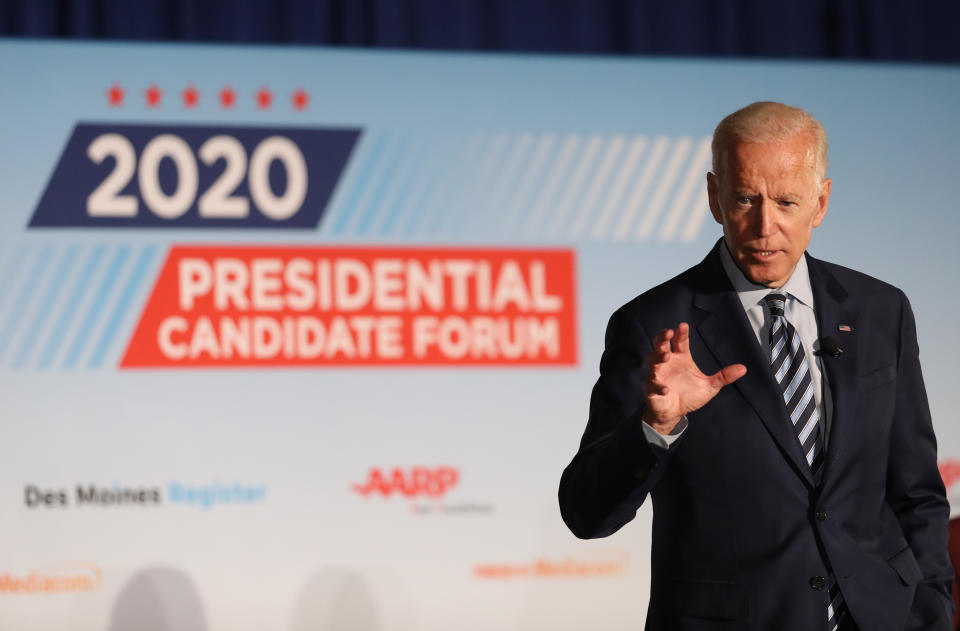 DES MOINES, IOWA - JULY 15: Democratic presidential candidate former U.S. Vice President Joe Biden speaks during the AARP and The Des Moines Register Iowa Presidential Candidate Forum at Drake University on July 15, 2019 in Des Moines, Iowa. Twenty Democratic presidential candidates are participating in the forums that will feature four candidate per forum, to be held in cities across Iowa over five days. (Photo by Justin Sullivan/Getty Images)