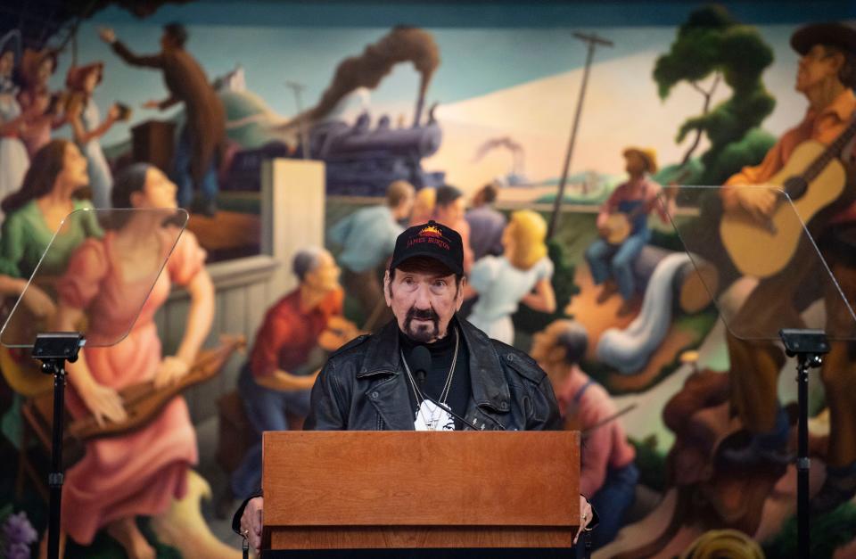 James Burton speaks after being announced a 2024 inductee into the Country Music Hall of Fame in the rotunda at the Country Music Hall of Fame and Museum in Nashville, Tenn., Monday, March 18, 2024.