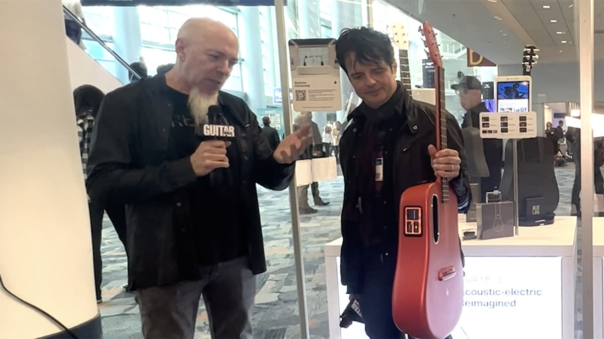  Jordan Rudess and Paul Riario with the LAVA ME 3 smart guitar 