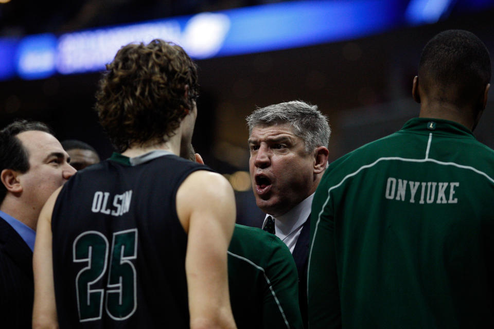 Head coach Jimmy Patsos of the Loyola Greyhounds talks to his players from the bench against the Ohio State Buckeyes during the second round of the 2012 NCAA Men's Basketball Tournament at Consol Energy Center on March 15, 2012 in Pittsburgh, Pennsylvania. (Photo by Jared Wickerham/Getty Images)