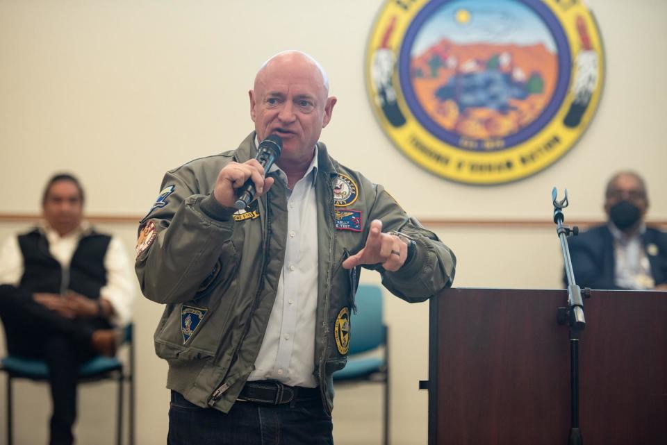 PHOTO: In this Oct. 25, 2022 file photo, Sen. Mark Kelly, D-Ariz., speaks during a Get Out the Vote Rally at San Xavier District Community Center on the Tohono Oodham Reservation in Tucson, Ariz. (Rebecca Noble/Getty Images, FILE)