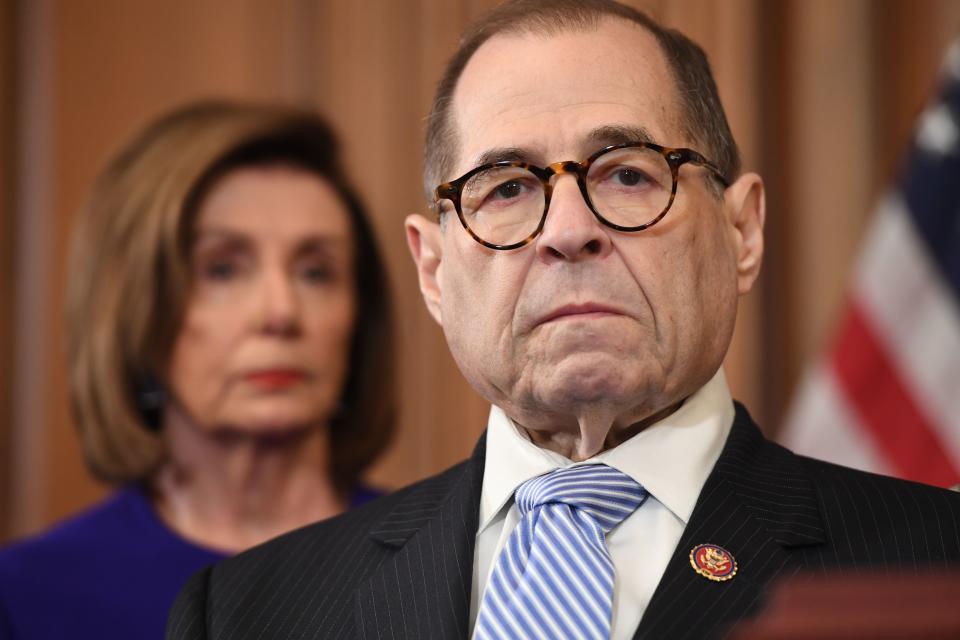 House Speaker Nancy Pelosi (D-CA) listens next to House Judiciary Chairman Jerry Nadler(R), Democrat of New York, speak to announce articles of impeachment for US President Donald Trump during a press conference at the US Capitol in Washington, DC, December 10, 2019. (Photo: Saul Loeb/AFP via Getty Images)