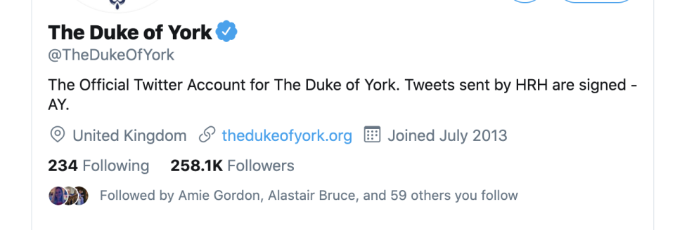 The Duke's Twitter bio still directs people to visit his old website. (Twitter)