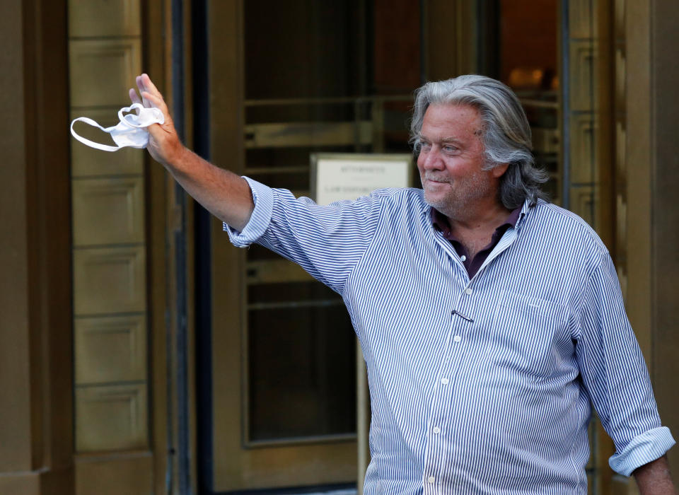 Former White House chief strategist Steve Bannon exits the Manhattan Federal Court on Aug. 20 following his arraignment hearing on conspiracy to commit wire fraud and conspiracy to commit money laundering charges. (Photo: Andrew Kelly/Reuters)