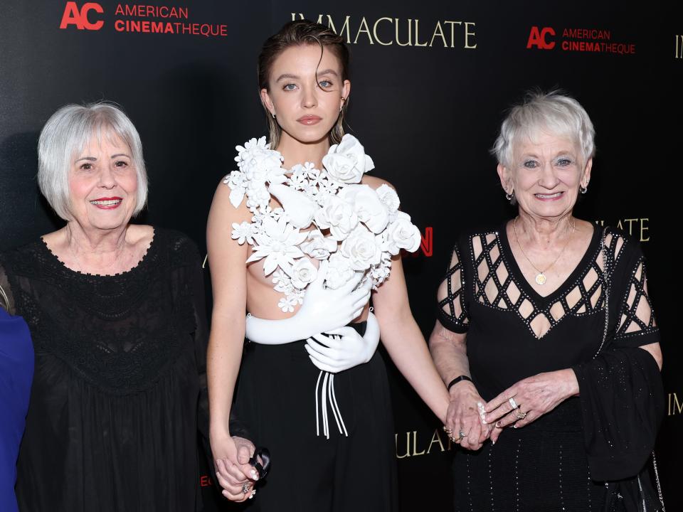 Sydney Sweeney with grandmothers attend the premiere of Neon's "Immaculate" during Beyond Fest at The Egyptian Theatre Hollywood on March 15, 2024 in Los Angeles, California.