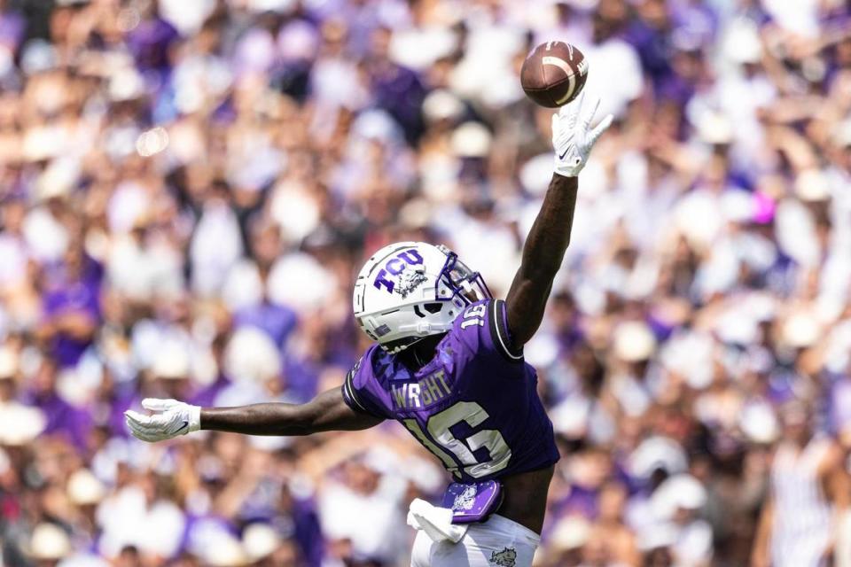 TCU wide receiver Dylan Wright (16) reaches for the ball in the fourth quarter of a college football game between the TCU Horned Frogs and the Colorado Buffaloes at Amon G. Carter Stadium in Fort Worth on Saturday, Sept. 2, 2023.