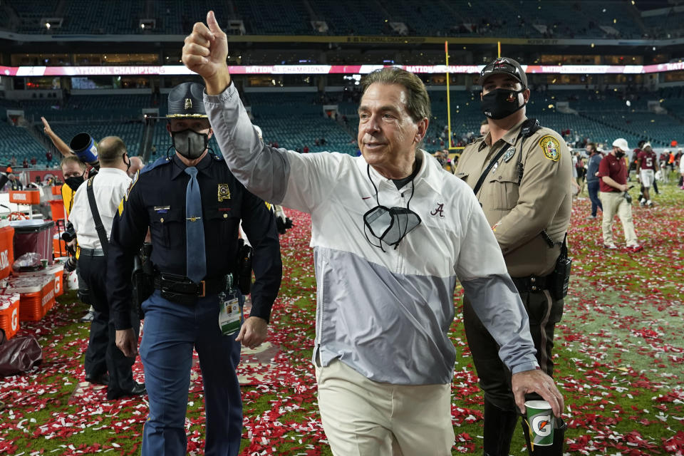 FILE - Alabama head coach Nick Saban leaves the field after their win against Ohio State in an NCAA College Football Playoff national championship game, Tuesday, Jan. 12, 2021, in Miami Gardens, Fla. Nick Saban, the stern coach who won seven national championships and turned Alabama back into a national powerhouse that included six of those titles in just 17 seasons, is retiring, according to multiple reports, Wednesday, Jan. 10, 2024. (AP Photo/Lynne Sladky, File)