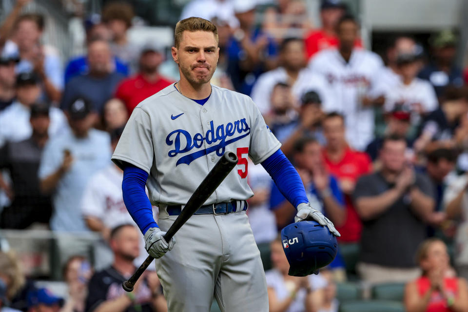 Los Angeles Dodgers' Freddie Freeman steps up to bat during the first inning of a baseball game against the Atlanta Braves, Friday, June 24, 2022, in Atlanta. (AP Photo/Butch Dill)
