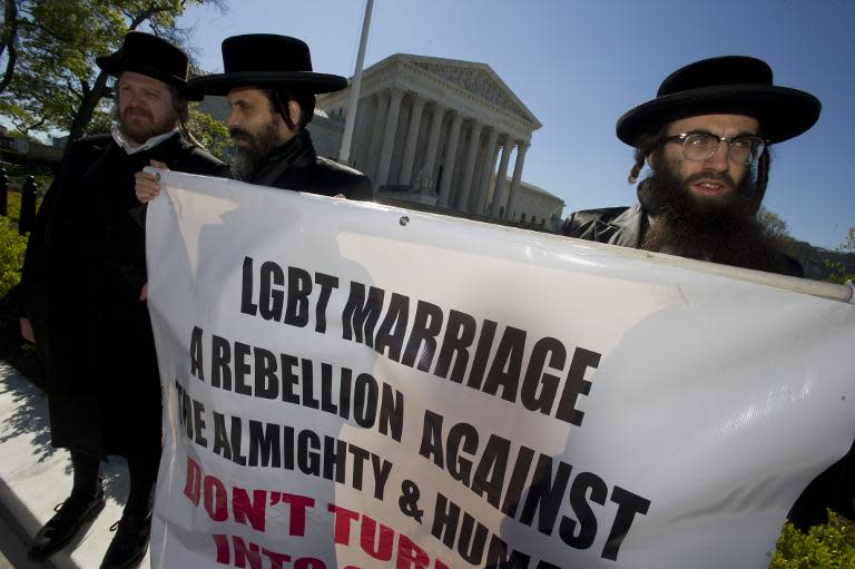 Jewish Rabbis from Brooklyn and upper New York, show support against same sex marriage in front of the US Supreme Court as hearings happen inside concerning marriage equality, April 28, 2015 in Washington, DC