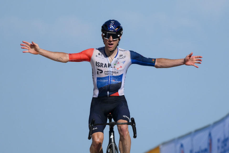 PUY DE DME FRANCE  JULY 09 Michael Woods of Canada and Team IsraelPremier Tech celebrates at finish line as stage winner during the stage nine of the 110th Tour de France 2023 a 1824km stage from SaintLonarddeNoblat to Puy de Dme 1412m  UCIWT  on July 09 2023 in Puy de Dme France Photo by David RamosGetty Images