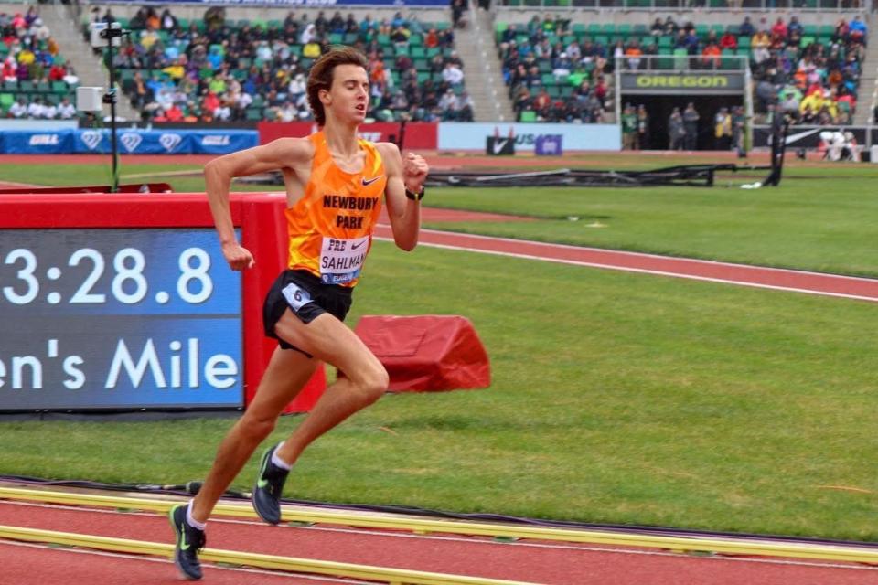 Colin Sahlman ran a personal-best time of 3:56.24 in the Bowerman Mile during the Prefontaine Classic in Oregon on Saturday.